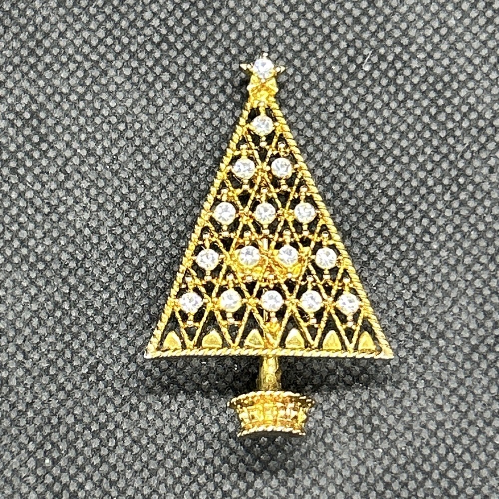Vintage Eisenberg Ice Signed‎ Gold Tone Rhinestone Christmas Tree Brooch Pin 2"
